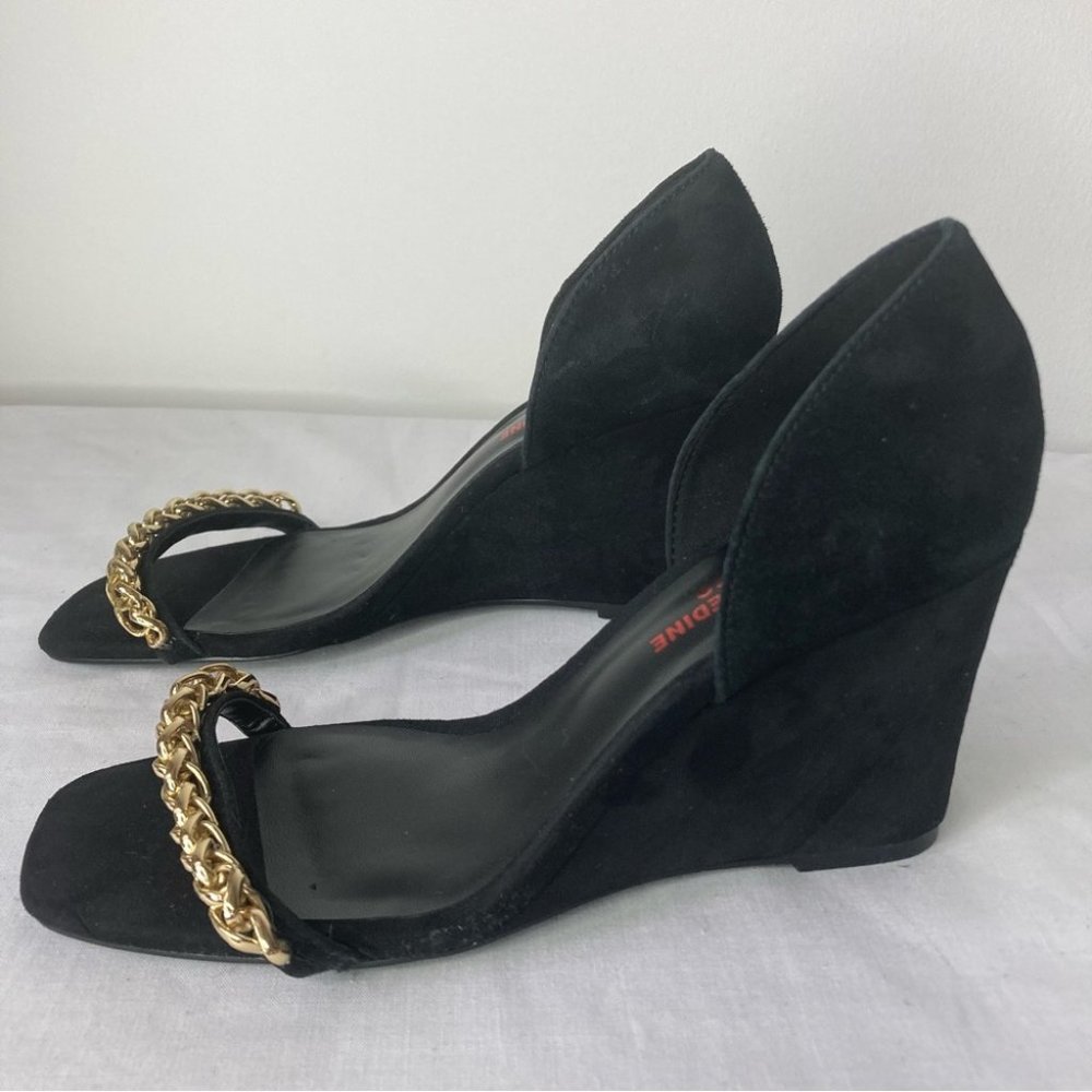 Black Wedge Sandals with Gold Chain Accent